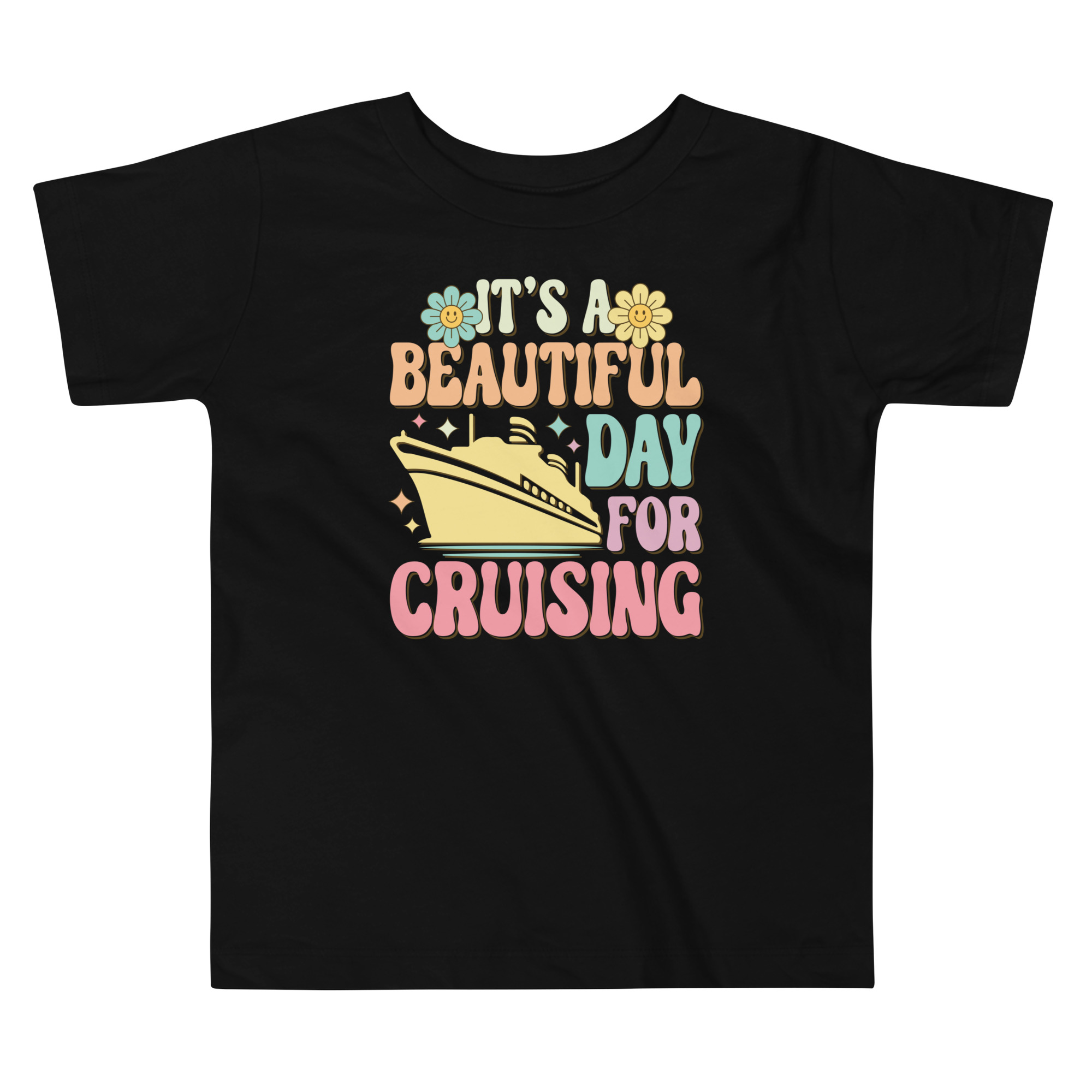 toddler-staple-tee-black-front-680d98367cc0d.jpg It’s a Beautiful Day for Cruising T-Shirt – Retro pastel cruise ship with flowers and sunshine